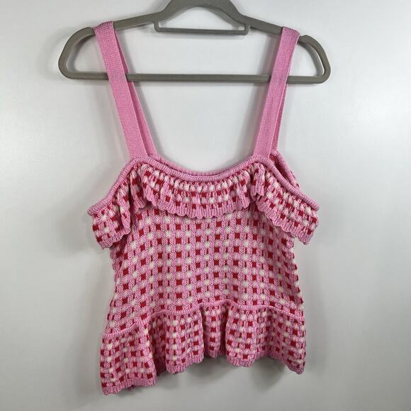 New Paid Crochet Entro Pink Red Knit Ruffle Crop Top Large Cotton Boho Kidscore - Picture 11 of 13